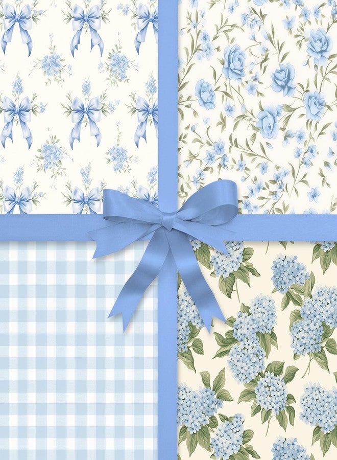 Whaline 8 Sheets Blue Bow Floral Wrapping Paper - Not Roll - Watercolor Plaid Hydrangea Gift Wrap Paper Folded Flat for Birthday Wedding DIY Crafts, 19.7 x 27.6 Inch - Image 1